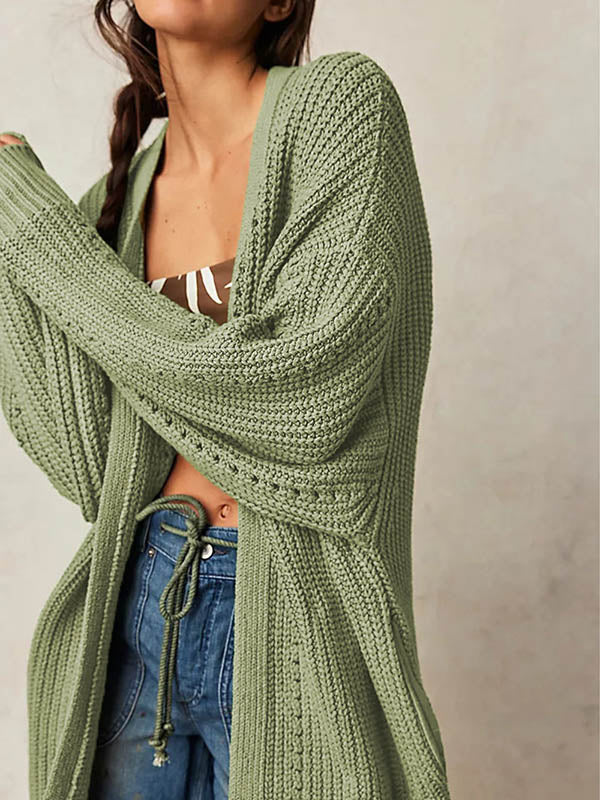 Hollow Solid Color High-low Long Sleeves Collarless Cardigan Tops