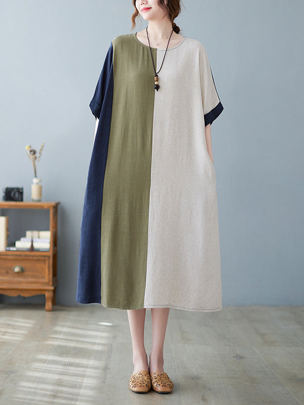 Contrast Color Half Sleeves Loose Round-neck Midi Dresses