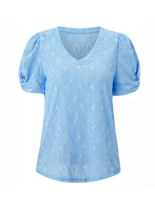 Heart Print Knot Pleated Solid Color Split-Joint Loose Short Sleeves V-Neck T-Shirts Tops