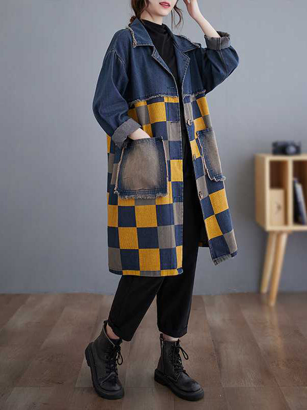 Buttoned Fringed Plaid Pockets Split-Joint Long Sleeves Loose Notched Collar Denim Outerwear