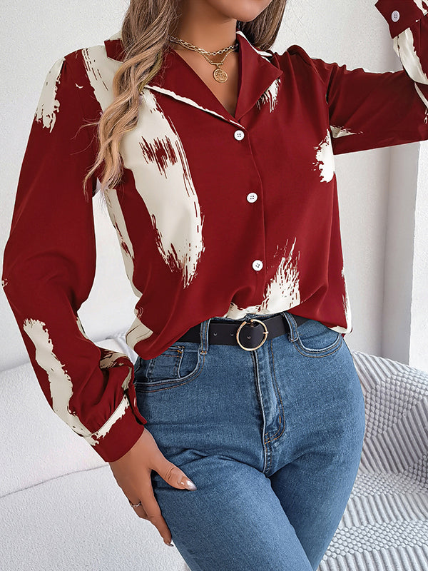 Buttoned Printed Long Sleeves Loose Notched Collar Blouses&Shirts Tops
