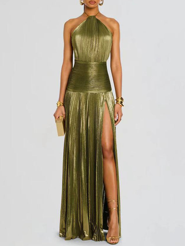 Pleated Shiny Solid Color Split-Side Elasticated Waist Sleeveless Halter-Neck Maxi Dresses