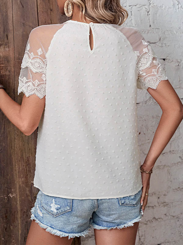 See-Through Lace Split-Joint Loose Short Sleeves Round-Neck T-Shirts Tops