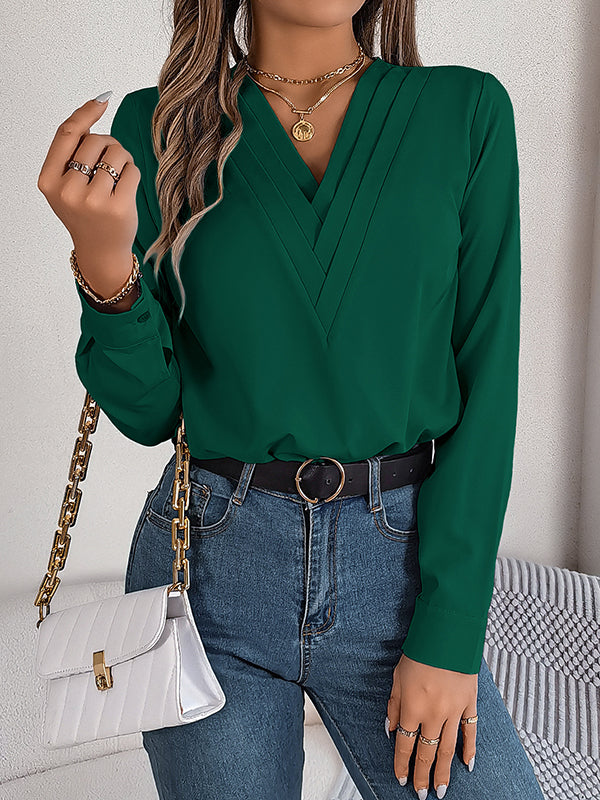 Pleated Solid Color Split-Joint Long Sleeves Loose V-Neck T-Shirts Tops