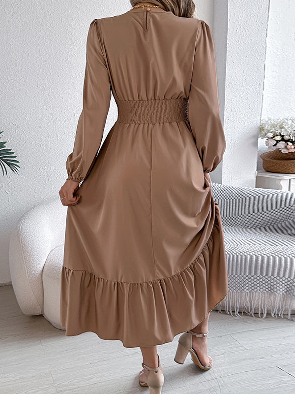 Pleated Solid Color A-Line Elasticated Waist Round-Neck Maxi Dresses