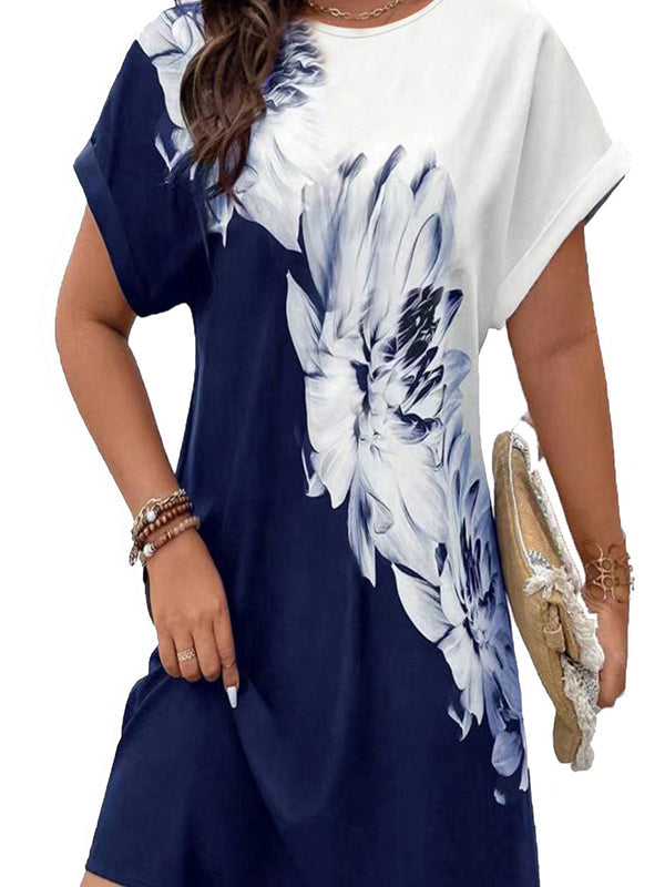 Flower Print High Waisted Loose Round-neck Mini Dresses