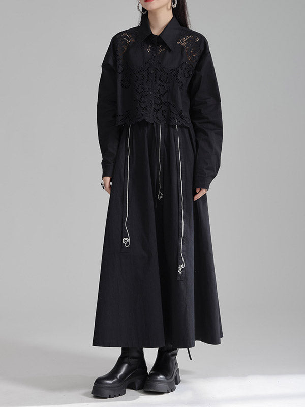 Buttoned Hollow Solid Color Long Sleeves Loose Lapel Blouses&Shirts Tops