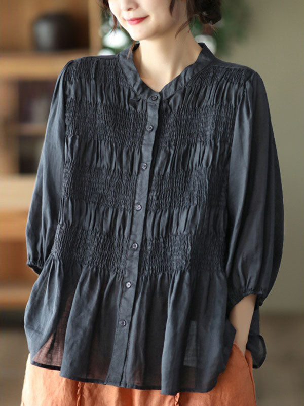 Pleated Solid Color Split-Joint Loose Three-Quarter Sleeves Stand Collar Blouses&Shirts Tops