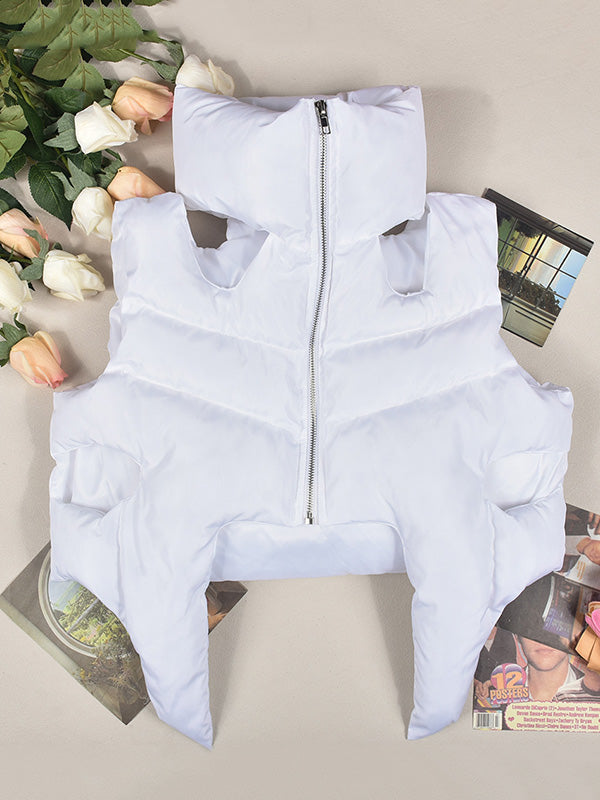 Hollow Solid Color Zipper Loose Sleeveless Stand Collar Padded Vest