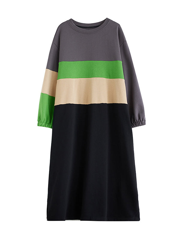 Contrast Color Elasticity Split-Joint A-Line Long Sleeves Round-Neck Midi Dresses