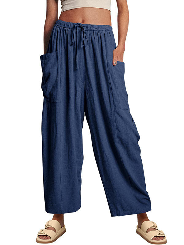 Drawstring Elasticity Pleated Pockets Solid Color High Waisted Loose Trousers Ninth Pants
