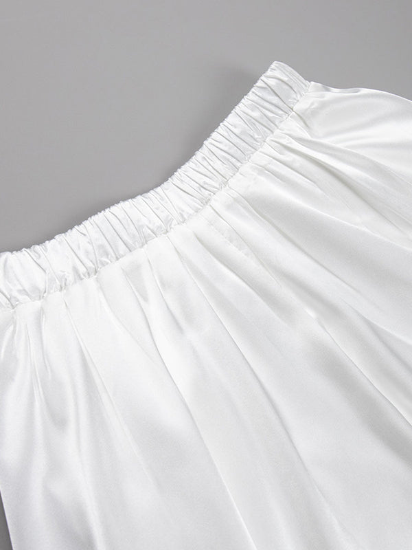 Elasticity Pleated Solid Color A-line High Waisted Skirts