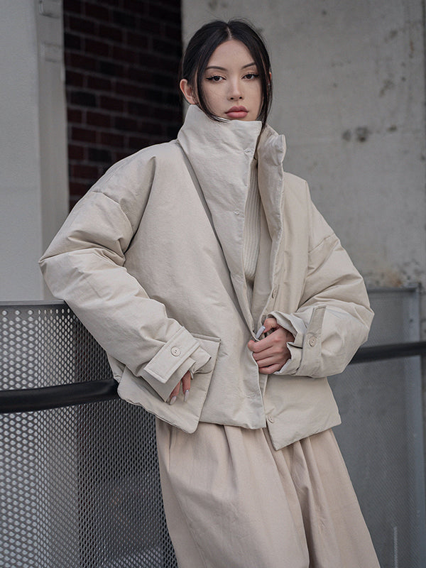 Urban Long Sleeves Buttoned Asymmetric Solid Color Stand Collar Padded Coat