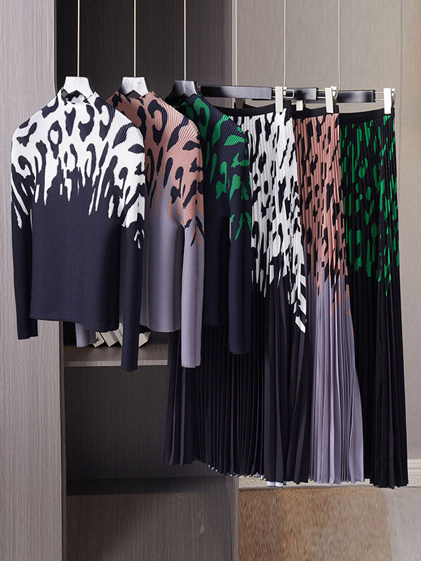 Printed Long Sleeves Mock Neck T-Shirt Top + Pleated A-Line Skirts Bottom Two Pieces Set