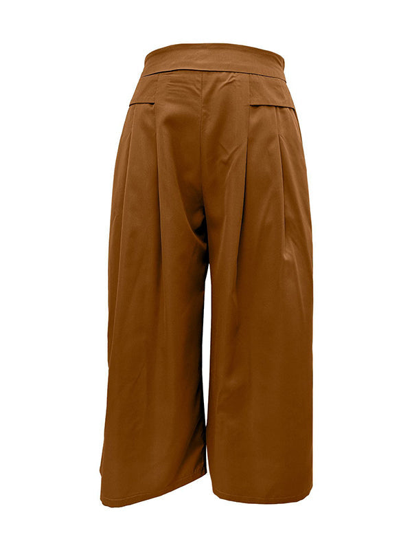 Pleated Pockets Solid Color Split-Joint Flared Pants High Waisted Trousers Ninth Pants