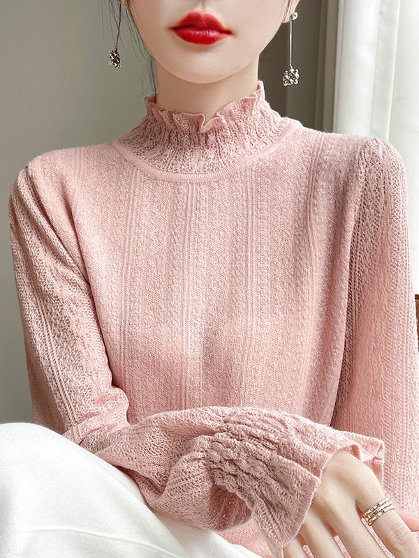 Elasticity Ruffle Trim Solid Color Long Sleeves Loose Mock Neck T-Shirts Tops