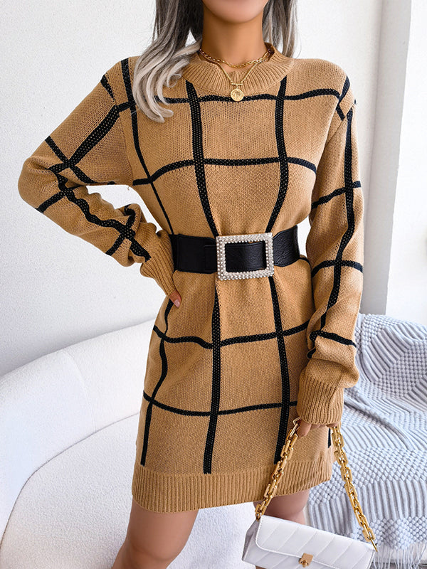 Belted Contrast Color Plaid Elasticated Waist Long Sleeves Round-Neck Sweater Dresses Mini Dresses