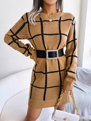 Belted Contrast Color Plaid Elasticated Waist Long Sleeves Round-Neck Sweater Dresses Mini Dresses
