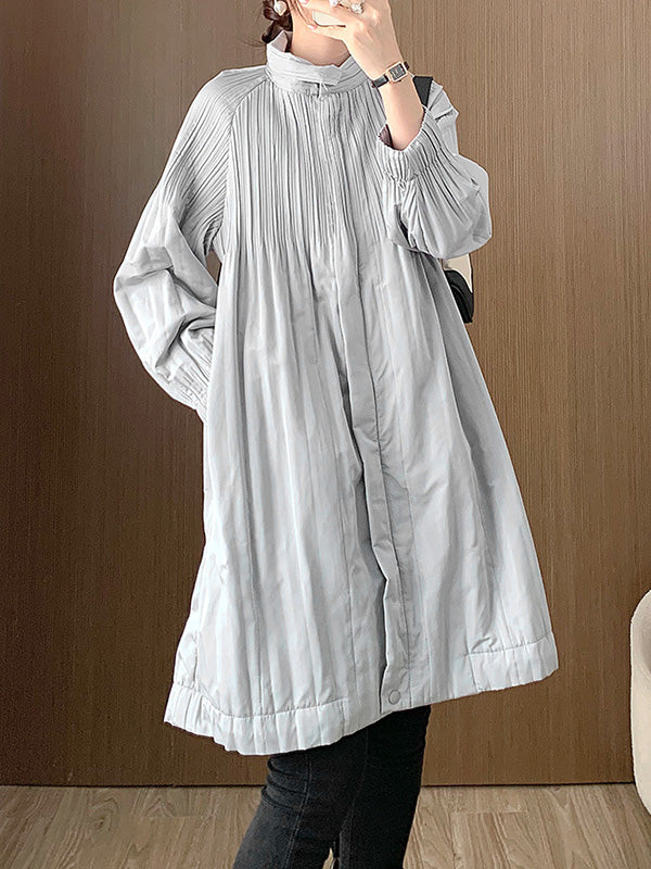 Pleated Quilted Solid Color Zipper Long Sleeves Loose Asymmetric Collar Padded Coat