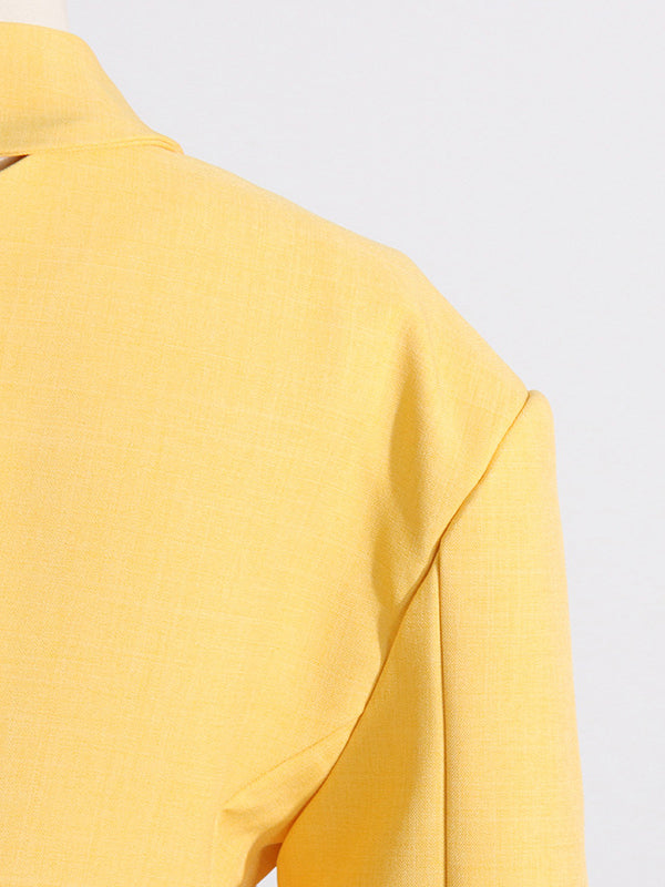 Asymmetric Buttoned Hollow Solid Color Tied Long Sleeves Loose Asymmetric Collar Blazer