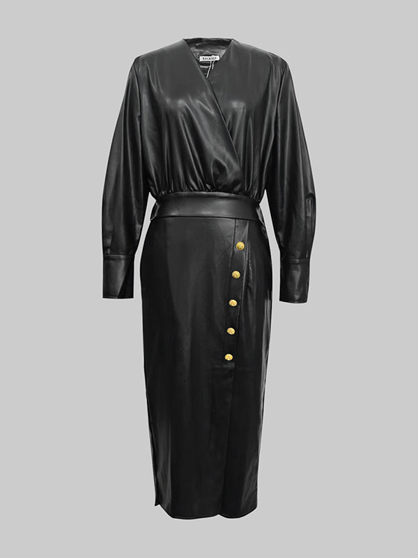 Long Sleeves Puff Sleeves Buttoned Pleated Solid Color V-Neck Midi Dresses