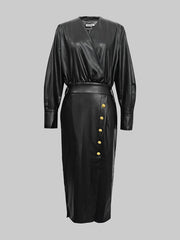 Long Sleeves Puff Sleeves Buttoned Pleated Solid Color V-Neck Midi Dresses