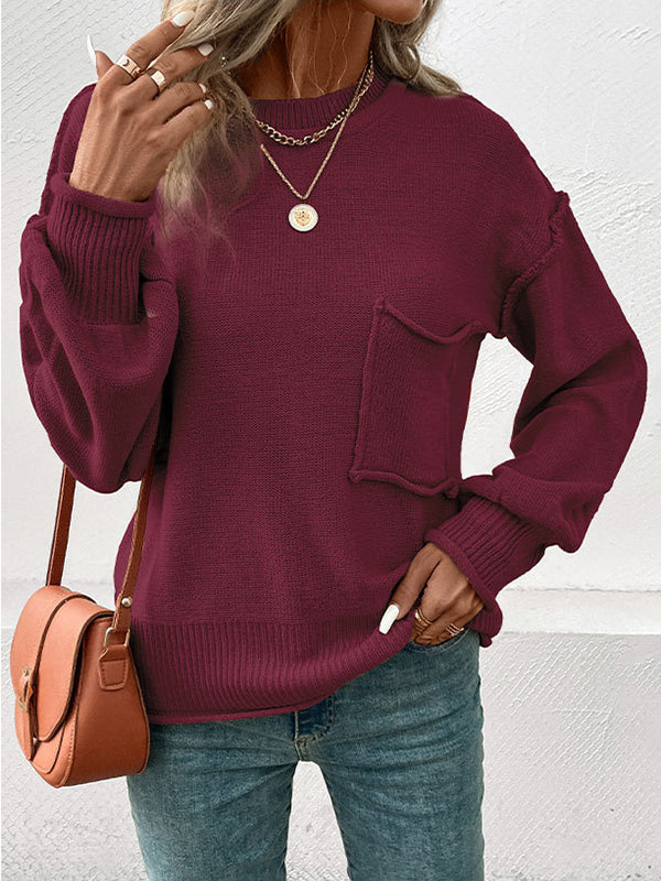 Pockets Solid Color Split-Joint Long Sleeves Loose Round-Neck Sweater Tops Pullovers