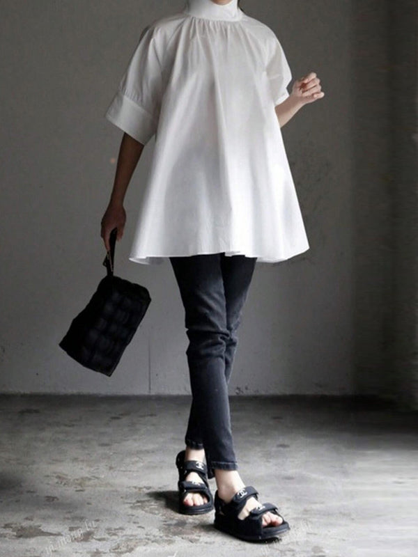 Solid Color Half Sleeves Loose High Neck Blouses&Shirts Tops