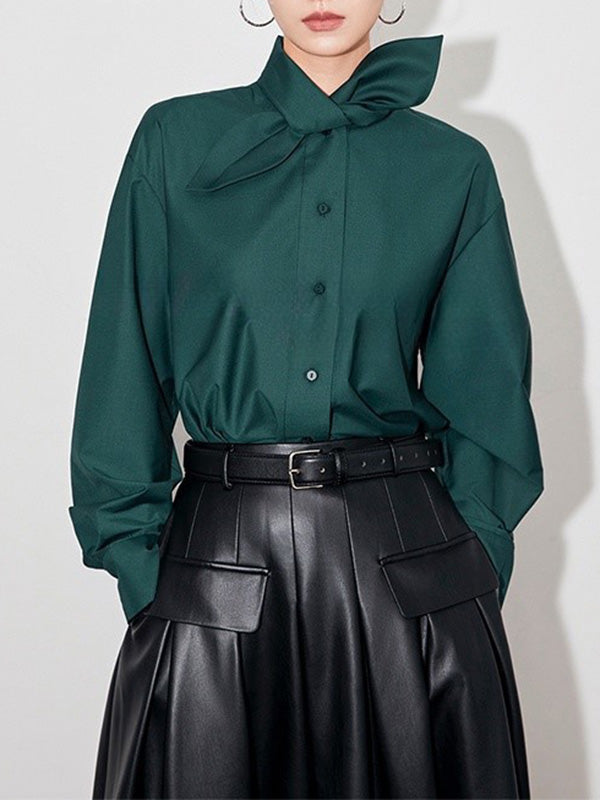 Buttoned Solid Color Long Sleeves Loose Mock Neck Blouses&shirts Tops