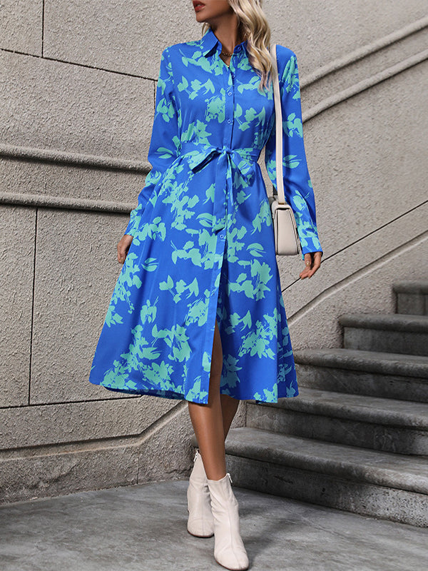 Printed Split-Joint Tied Waist Long Sleeves Loose Lapel Shirt Dress Midi Dresses