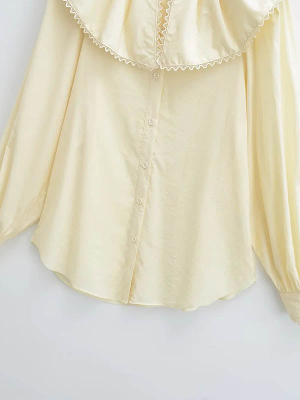 Pleated See-Through Solid Color Split-Joint Loose Puff Sleeves Peter Pan Collar Blouses&Shirts Tops