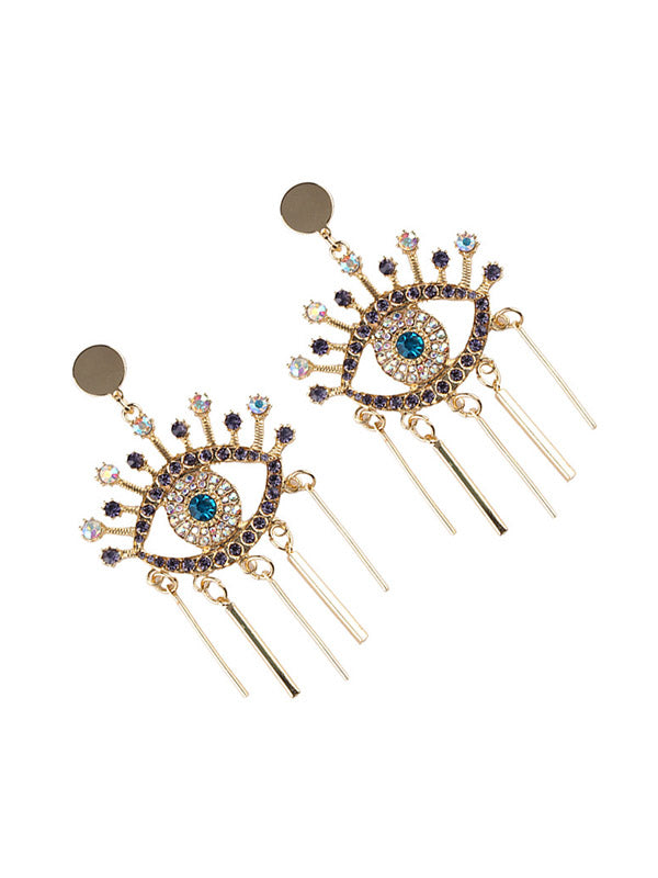 Eye Shape Rhine Stones Tasseled Drop Earrings
