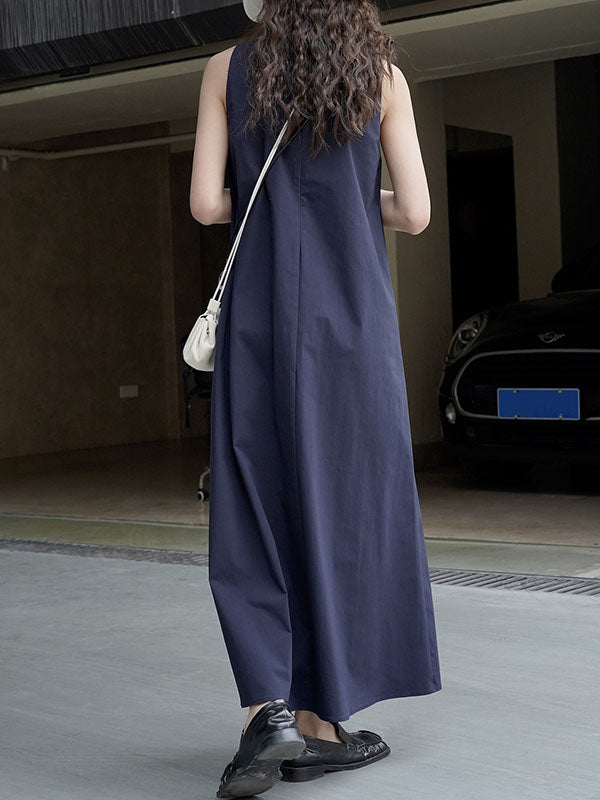 Solid Color Loose Sleeveless Round-Neck Midi Dresses
