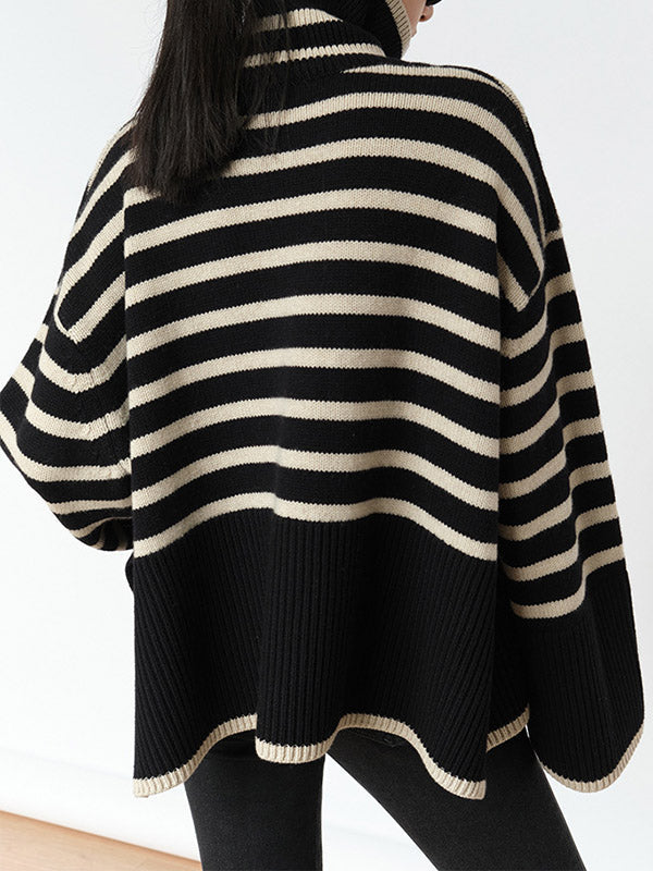 Contrast Color Pleated Split-Joint Split-Side Striped Patterns Long Sleeves Loose High Neck Sweater Tops