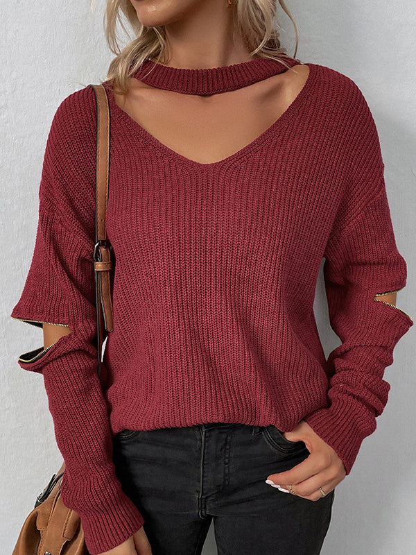 Hollow Solid Color Zipper Long Sleeves Loose V-Neck Sweater Tops Pullovers