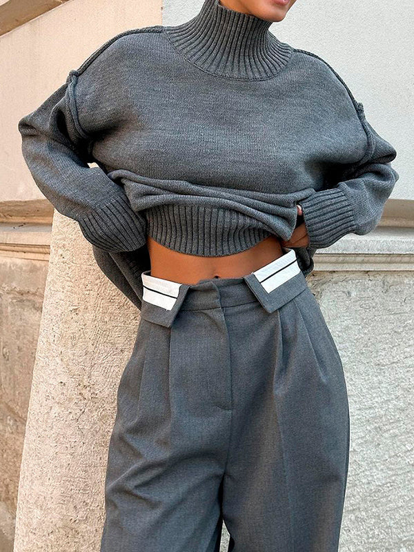 Solid Color Split-Joint Long Sleeves Loose High Neck Sweater Tops Pullovers