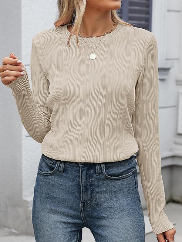 Solid Color Long Sleeves Loose Round-Neck T-Shirts Tops