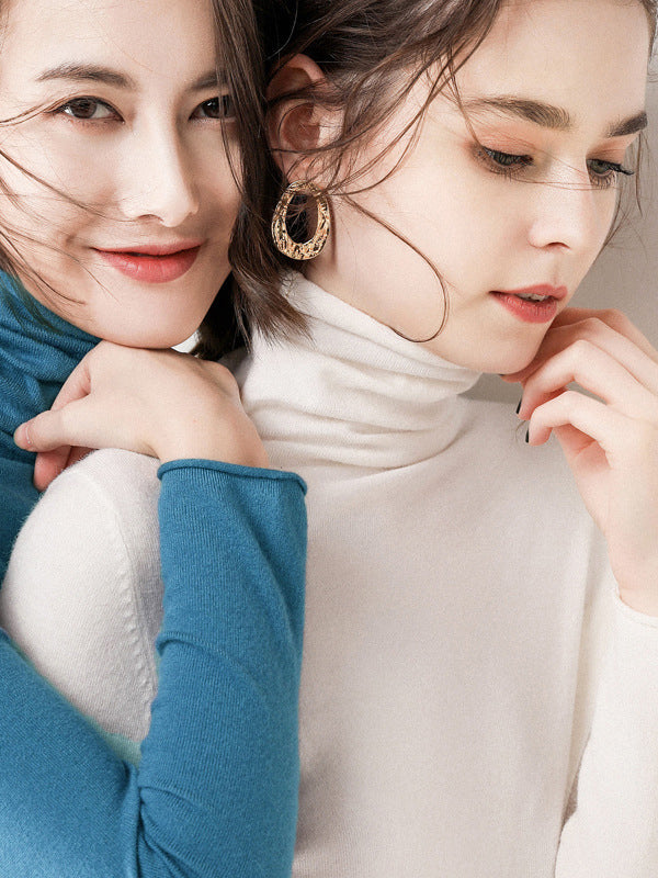 Casual Skinny Long Sleeves Solid Color Heaps Collar Sweater Tops Pullovers