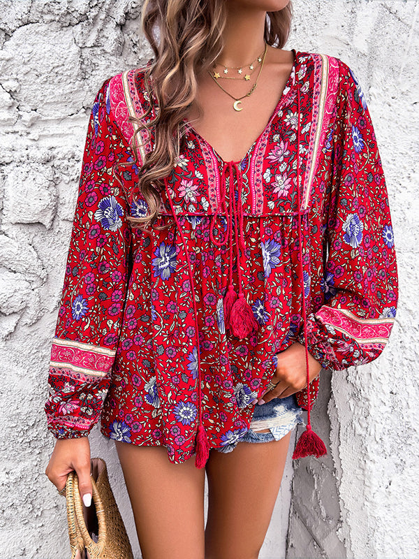 Contrast Color Elasticity Pleated Split-Joint Tied Long Sleeves Loose V-neck Blouses&shirts Tops