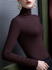 Long Sleeves Plus Size Solid Color Split-Joint High Neck T-Shirts