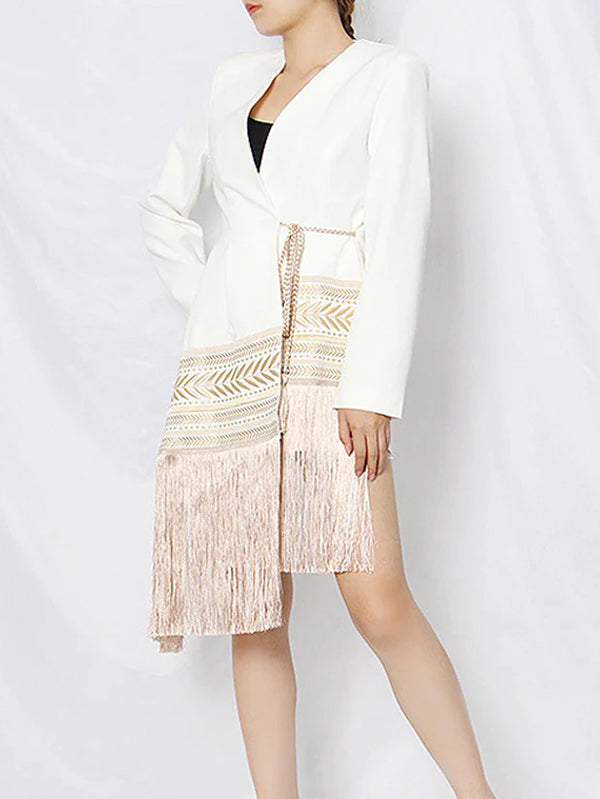 Asymmetric Embroidered Split-Joint Tasseled Tied Long Sleeves Loose V-Neck Outerwear Blazer