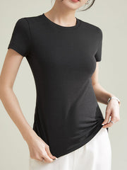 Short Sleeves Skinny Solid Color Round-neck T-Shirts Tops