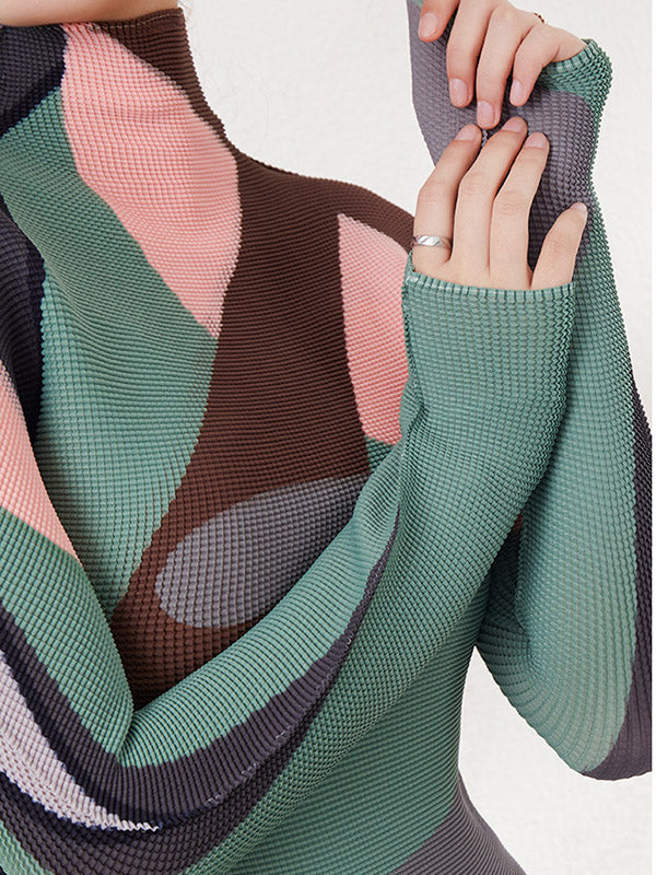 Contrast Color Pleated Long Sleeves Mock Neck T-Shirts Tops