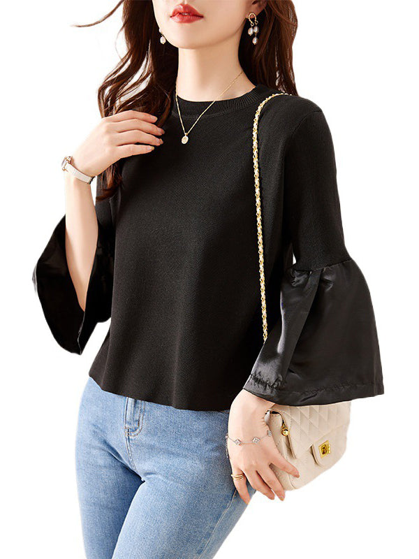 Pleated Split-Joint Flared Sleeves Long Sleeves Round-neck T-Shirts Tops