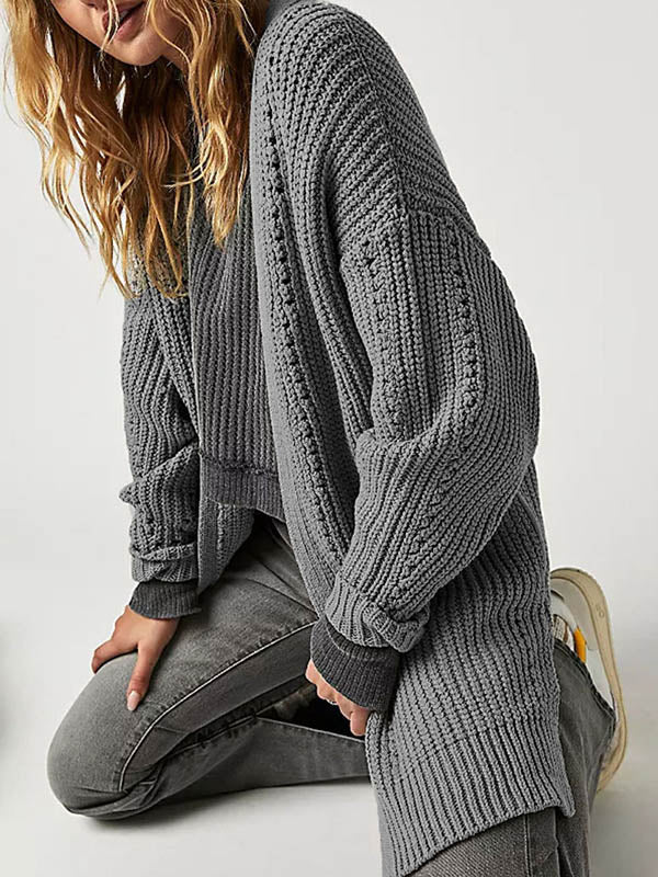 Hollow Solid Color High-low Long Sleeves Collarless Cardigan Tops