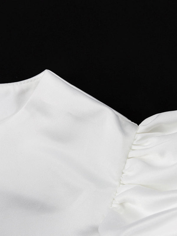 Hollow Solid Color Split-Joint Loose Puff Sleeves Round-neck Blouses