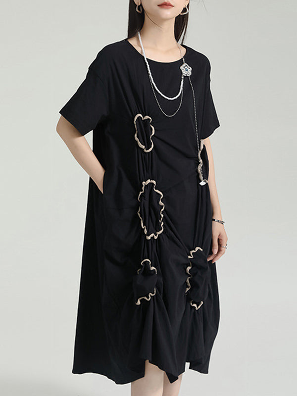 Pleated Pockets Split-Joint A-line High Waisted Round-neck Midi Dresses