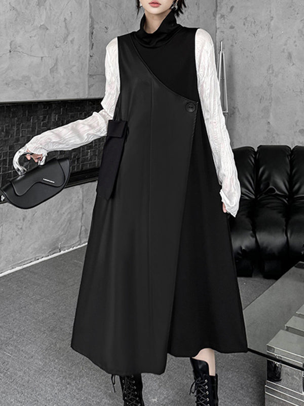 Asymmetric Buttoned Solid Color Split-Joint Irregularity Loose High Neck Midi Dresses