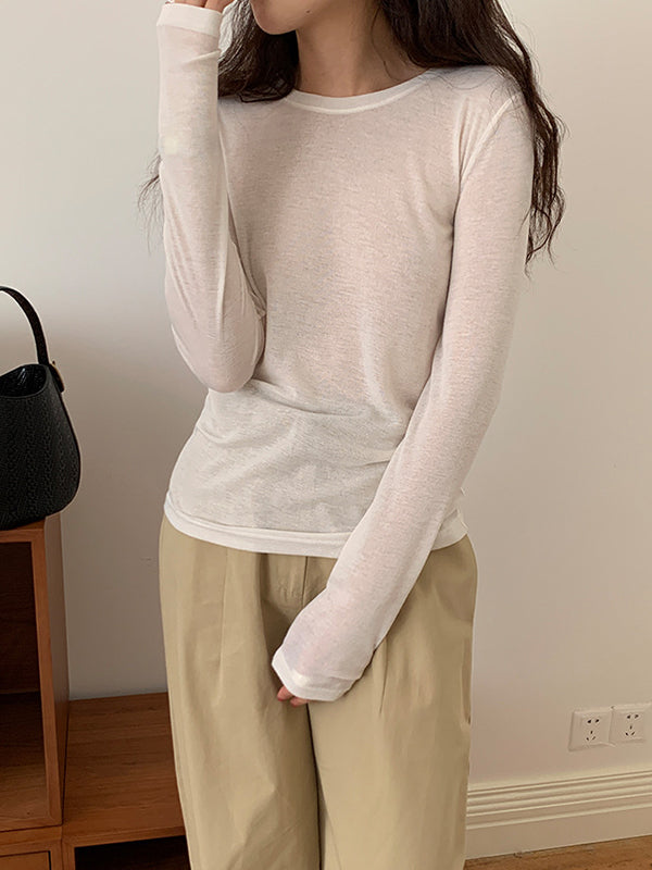 See-Through Solid Color Long Sleeves Skinny Round-Neck T-Shirts