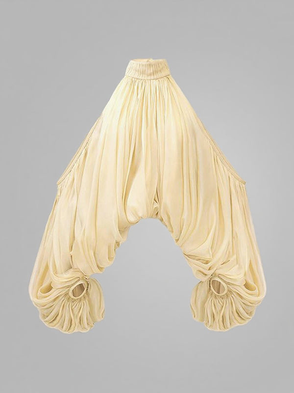 Pleated Solid Color Tied Long Sleeves Loose Halter-Neck Blouses&Shirts Tops